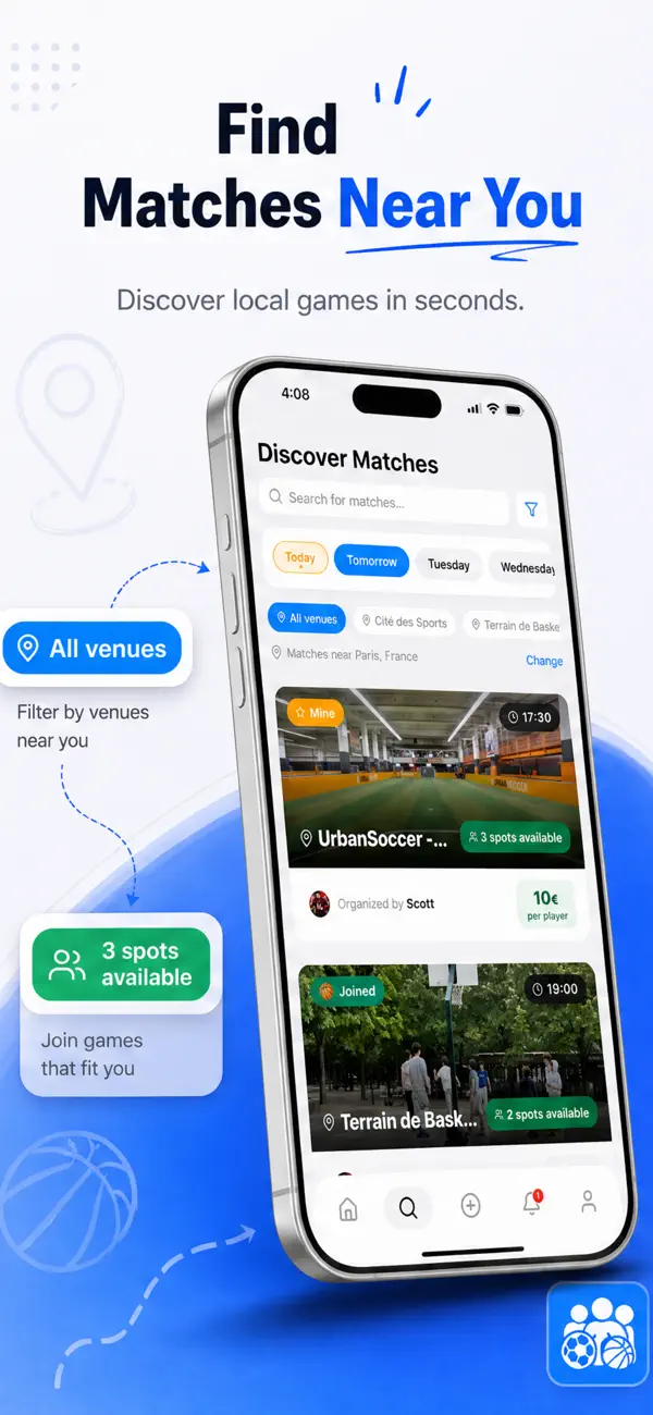 PlayTeam Discover Matches: nearby games, venue filters, and available spots